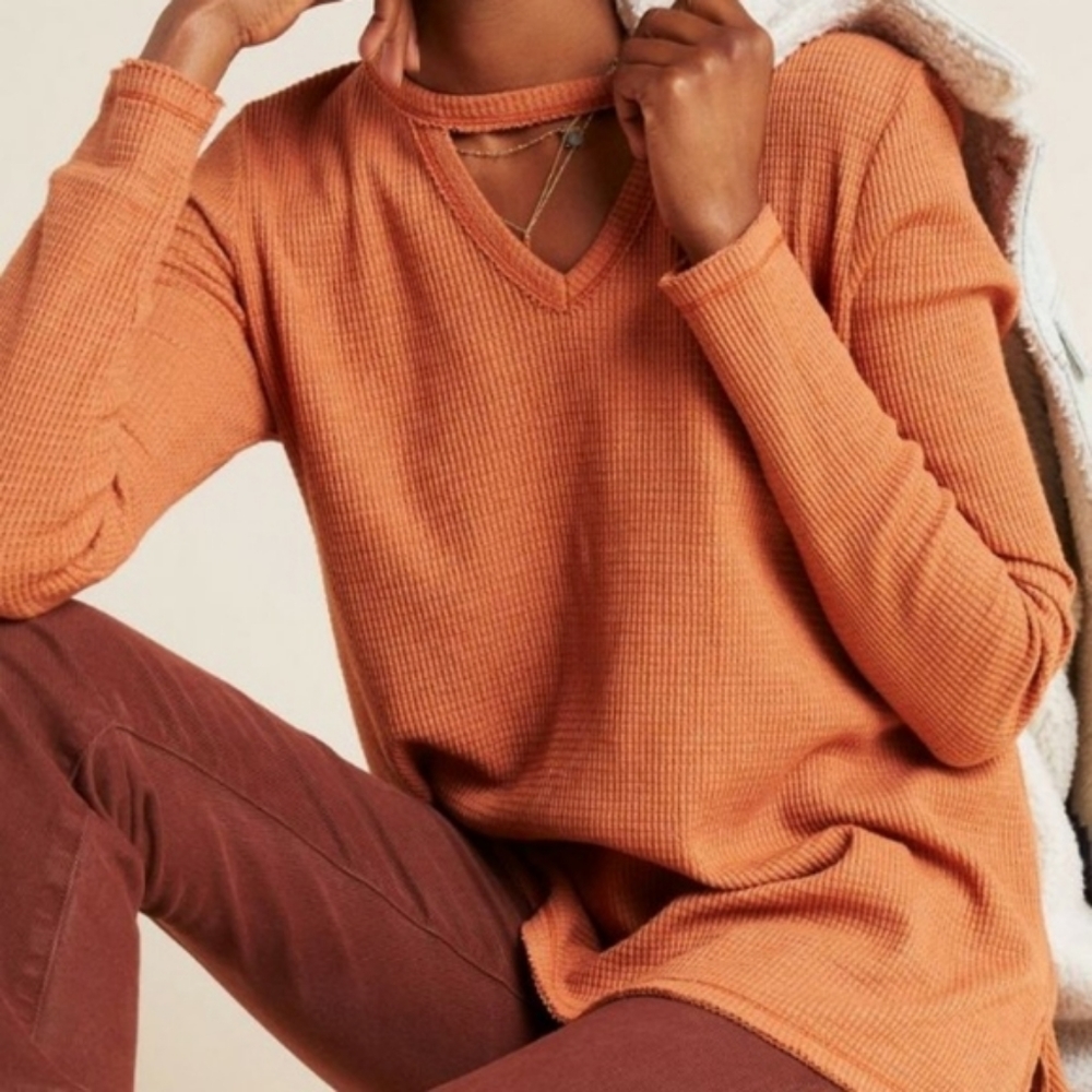 Anthropologie Top t. la Nadia Cut Out Waffle Knit Boho Fall Boho Rust Orange